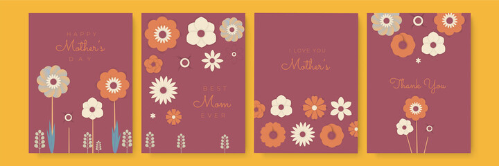 Set of mother day retro style greeting card background. Set of brochure designs on the subject of nature, spring, fall, summer, natural and organic products, environment. Vector illustration