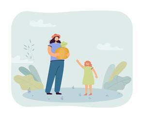 Mother and daughter with yellow pumpkin. Flat vector illustration. Woman holding big pumpkin and little girl standing next to. Autumn, harvest, farm, agriculture, vegetables, nature, family concept