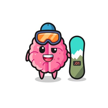 Illustration of brain character with snowboarding style