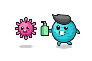 illustration of exercise ball character chasing evil virus with hand sanitizer