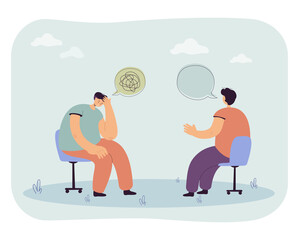 Man trying to understand himself. Flat vector illustration. Person at appointment with psychologist, talking to friend about his problems. Heart-to-heart talk, help, psychology, psychotherapy concept