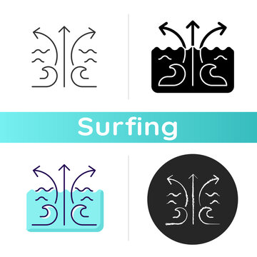 Rip current wave icon. Potential dangerous threat to surfer. Flat spot in waves. Surf zone. Formation from breaking waves action. Linear black and RGB color styles. Isolated vector illustrations