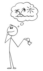 Person Holding Dollar Currency Bill Thinking About Vacation or Holiday , Vector Cartoon Stick Figure Illustration