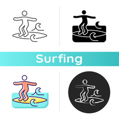 Noseriding surfing technique icon. Performing maneuver on head-high waves. Cross-stepping trick. Glide across waves on longboard nose. Linear black and RGB color styles. Isolated vector illustrations