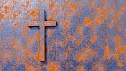 Concept or conceptual metal cross on a  rusted corroded metal or steel sheet background. 3d illustration metaphor for God, Christ, religious, faith, holy, spiritual, Jesus, belief or resurection