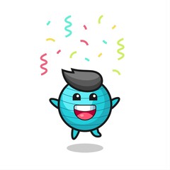 happy exercise ball mascot jumping for congratulation with colour confetti