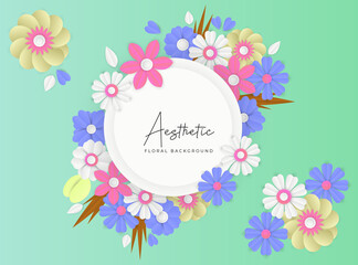 Illustration of paper art flowers and water droplets placed on background. Graphic design for spring season. paper cut and craft style. vector, illustration.