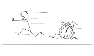 Person Running From Time Alarm Clock or Deadline, Vector Cartoon Stick Figure Illustration