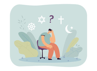 Cartoon man choosing religion flat vector illustration. Man thinking about world religions, symbols of Christianity, Judaism, Buddhism, Islam above him. Religion, tradition, hesitation, choice concept