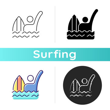 Emergency signal for drowning icon. Waving arm above head. Surfer being in dangerous, scary situation. Calling for rescue. Hand signal. Linear black and RGB color styles. Isolated vector illustrations