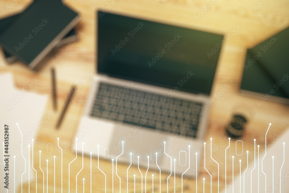 Aufkleber Double exposure of circuit hologram on laptop background. Research and development hardware concept