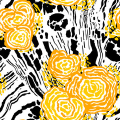 Vector hand drawn wood texture and mushrooms background. Illustrated by ink brush pen. Seamless texture template for print, textile design, fabric, home decor