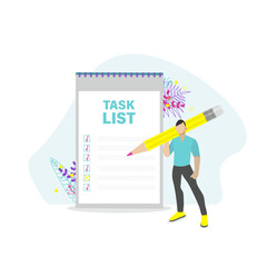 Man with checklist and to do list.  Project management, planning and keeping score of completed tasks concept. Flat vector illustration.