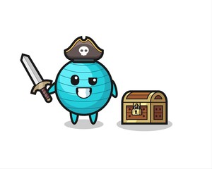 the exercise ball pirate character holding sword beside a treasure box