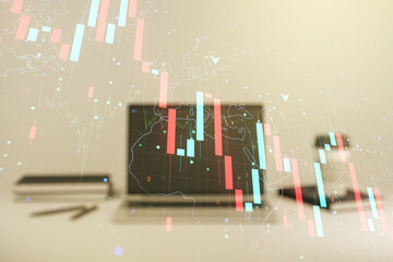 Creative concept of crisis chart illustration on modern laptop background. Global crisis and bankruptcy concept. Multiexposure