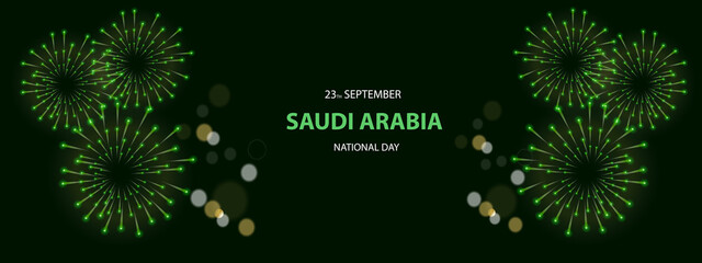 Saudi Arabia National Day 23 September. Saudi Arabia flag celebrates independence day. Ribbons, balloons and fireworks. vector illustration