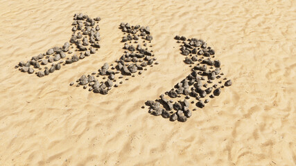Concept or conceptual stones on beach sand handmade symbol shape, golden sandy background, dangerous turn road sign. 3d illustration metaphor for caution, warning, safety and guidance