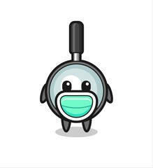 cute magnifying glass cartoon wearing a mask
