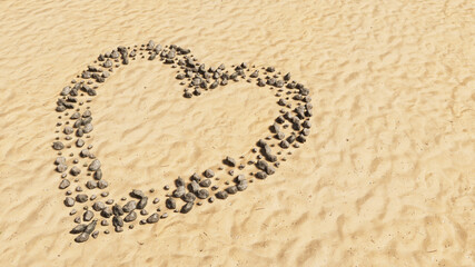 Fototapeta na wymiar Concept or conceptual stones on beach sand handmade symbol shape, golden sandy background, like icon. 3d illustration metaphor for love, popular, trendy, health, romance and marriage