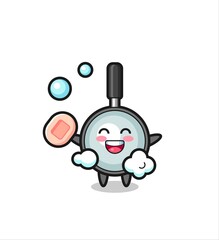 magnifying glass character is bathing while holding soap