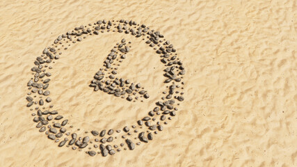 Concept or conceptual stones on beach sand handmade symbol shape, golden sandy background, clock icon. 3d illustration metaphor for time, countdown,  chronometer,  business and deadline