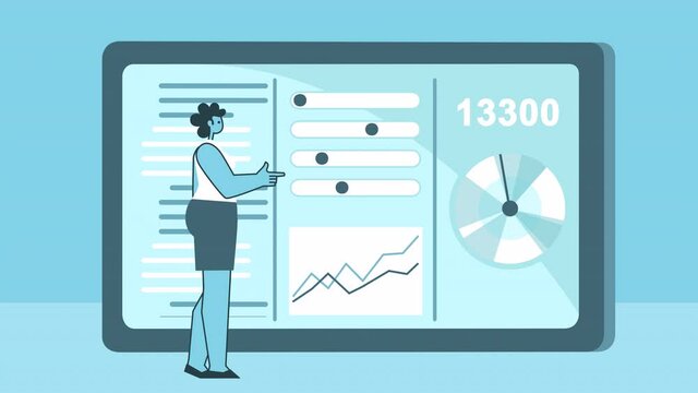 Flat woman working in software on computer tablet. Business and technology concept. Flat Design  Cartoon Character 2d Animation