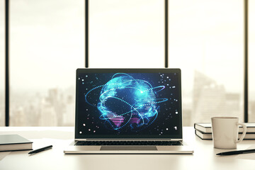 Computer monitor with abstract graphic digital world map with connections, globalization concept. 3D Rendering