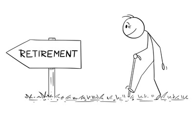 Old age Worker with Walking Stick Following Retirement Arrow Sign Direction, Vector Cartoon Stick Figure Illustration