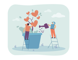 Tiny man and woman growing tree of love together. Flat vector illustration. Young guy and girl watering giant tree with hearts on branches. Love, relationship, nature, gardening, family concept