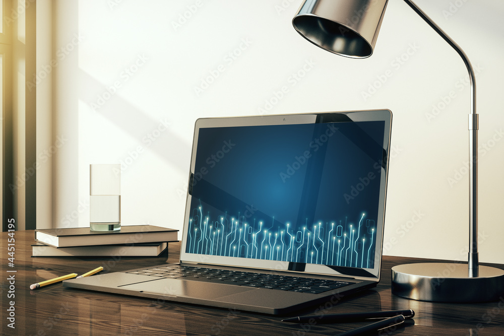 Fototapete modern computer monitor with circuit hologram. research and development hardware concept. 3d renderi