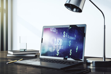 Creative concept of USD symbols illustration on modern laptop screen. Trading and currency concept. 3D Rendering