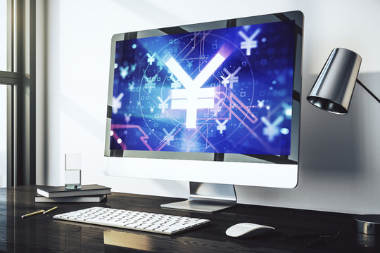 Creative concept of Japanese Yen symbol illustration on modern laptop screen. Trading and currency concept. 3D Rendering