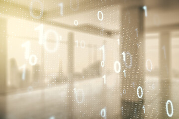 Abstract virtual binary code hologram on abstract empty interior background, AI and machine learning concept. Multiexposure