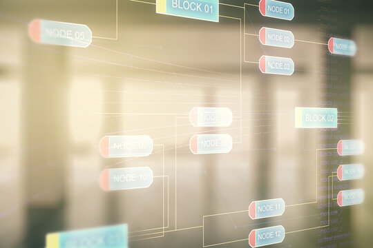 Multi exposure of abstract creative coding sketch on empty corporate office background, artificial intelligence and neural networks concept