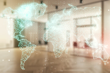 Double exposure of abstract digital world map hologram on a modern furnished office interior background, big data and blockchain concept