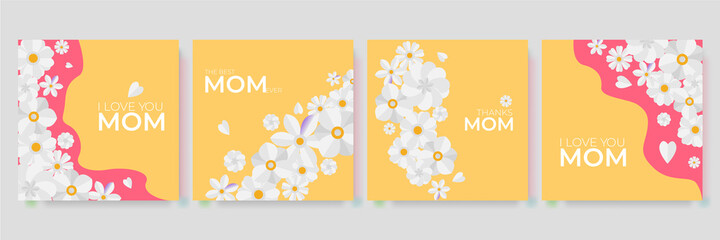 Paper cut floral background vector card templates. Can be used for Mom's day, Save The Date, baby shower, mothers day, valentines day, birthday cards, greeting card, invitations. Floral background