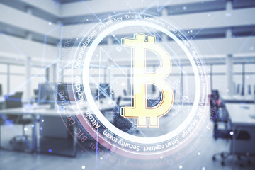 Double exposure of creative Bitcoin symbol hologram on modern corporate office background. Cryptocurrency concept