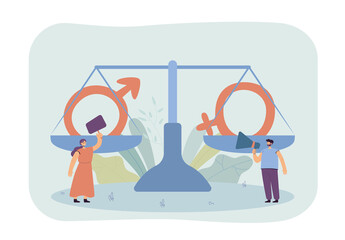 Tiny man and woman fighting for rights. Flat vector illustration. Huge scales with male and female sex symbols, people with loudspeaker and banner. Gender equality, feminism, rally concept for design