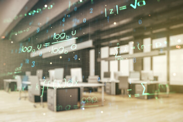Scientific formula hologram on a modern furnished office interior background, research concept....