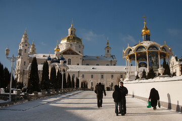 bell tower and Assumption Cathedral of the Holy Dormition Pochayiv Lavra, Pochayiv, Ukraine....