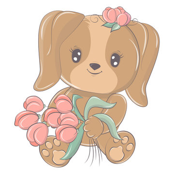 Dog in a funny cartoon style. Cute animal illustration for baby products. The animal in the vector smiles cutely and has beautiful eyes. Illustration for children's parties.