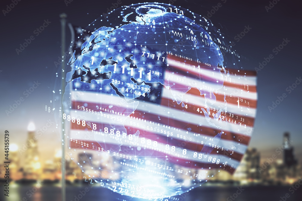 Poster multi exposure of abstract creative coding sketch and world map on usa flag and blurry cityscape bac