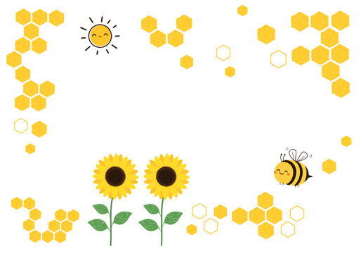 Honeycomb sign with bee cartoon, sun, sunflower on white background vector illustration.