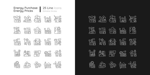 Energy purchase linear icons set for dark and light mode. Utility service payment. Energy prices. Customizable thin line symbols. Isolated vector outline illustrations. Editable stroke
