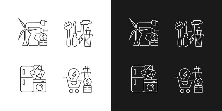 Alternative energy cost linear icons set for dark and light mode. Equipment installation. System repair. Customizable thin line symbols. Isolated vector outline illustrations. Editable stroke