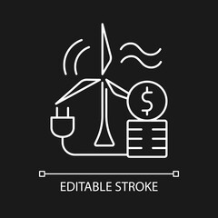Wind energy price white linear icon for dark theme. Sustainable resource cost. Price for energy. Thin line customizable illustration. Isolated vector contour symbol for night mode. Editable stroke