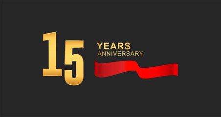 15th anniversary design logotype golden color with red ribbon elegant design for anniversary celebration