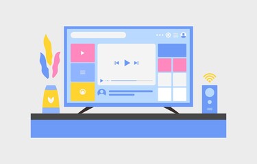 Smart TV Desk Set Up Flat Illustration Vector
