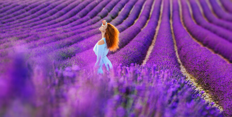  Woman in lavender flowers field at sunset in purple dress. France, Provence.