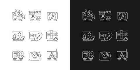 Online simulators linear icons set for dark and light mode. Playing cooperative games with friends or family. Customizable thin line symbols. Isolated vector outline illustrations. Editable stroke